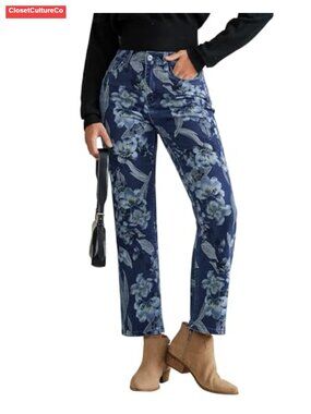 Floral Printed High Waisted Straight Leg Stretchy Denim Jeans